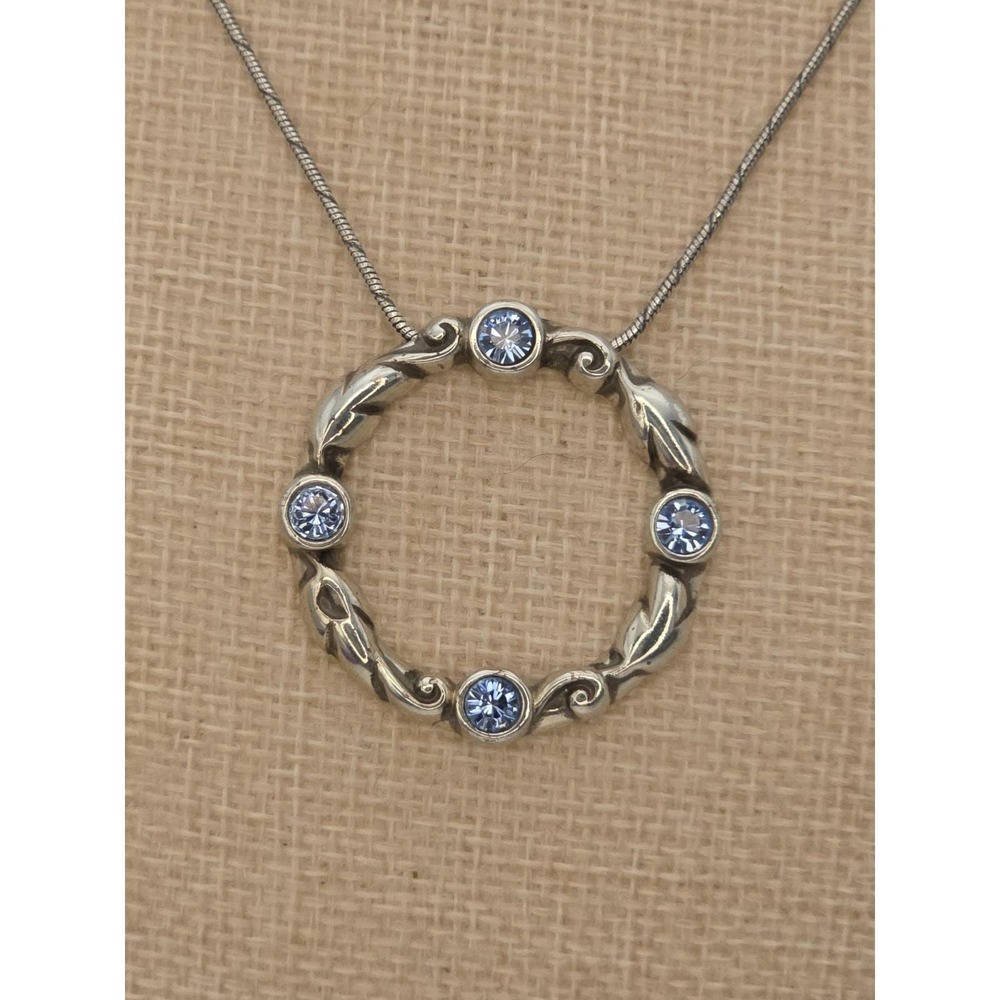 Vtg BRIGHTON Signed Gateway Necklace SWAROVSKI Blue Crystals Silver Plate Leaves